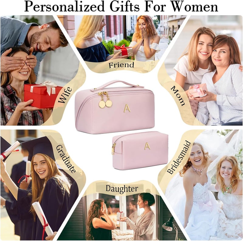 CLOUDWINGS Birthday Gifts for Women Teen Girl, Personalized Initial Makeup Organizer Bag Set, Open Flat Travel Cosmetic Bag With Clear Divider and Handle(Pink,A) - Image 2